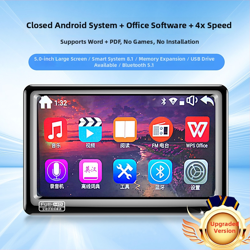 Prenosný MP5 prehrávač s Bluetooth, s plnou obrazovkou, 128 MB pamäťou, 480p výstupom a prehrávaním MP4/MP3.