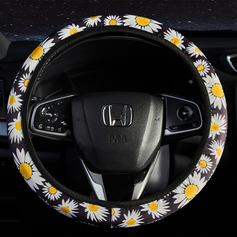 Κάλυμμα τιμονιού με μοτίβο ηλιοτρόπιο, ελαστικό, επιφάνεια από φυσικές ίνες, καθολική συμβατότητα