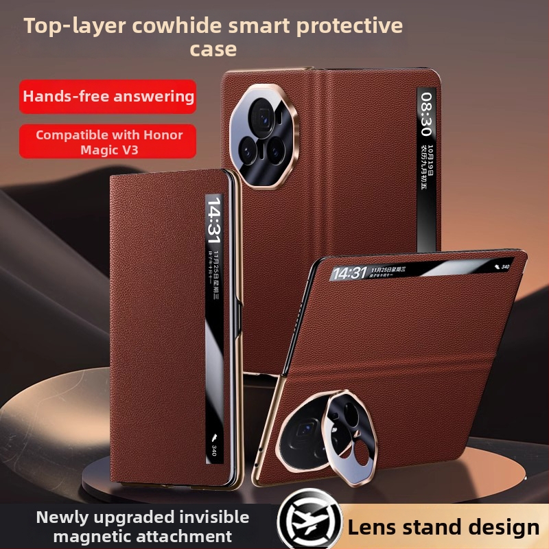 Honor Magic V3 ādas telefona vāciņš ar pilnu pārklājumu, reljēfa tekstūra īsta āda, lēcas turētājs, magnētiskā piestiprināšana, kritiena aizsardzība