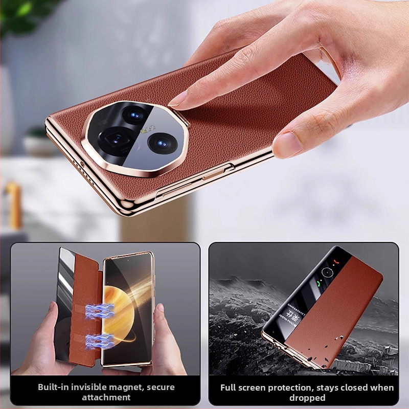 Honor Magic V3 ādas telefona vāciņš ar pilnu pārklājumu, reljēfa tekstūra īsta āda, lēcas turētājs, magnētiskā piestiprināšana, kritiena aizsardzība