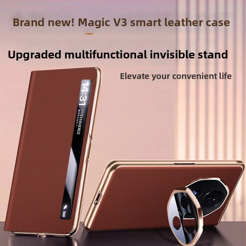 Honor Magic V3 ādas telefona vāciņš ar pilnu pārklājumu, reljēfa tekstūra īsta āda, lēcas turētājs, magnētiskā piestiprināšana, kritiena aizsardzība