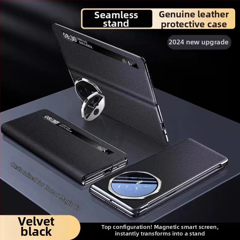 Honor Magic V3 ādas telefona vāciņš ar pilnu pārklājumu, reljēfa tekstūra īsta āda, lēcas turētājs, magnētiskā piestiprināšana, kritiena aizsardzība