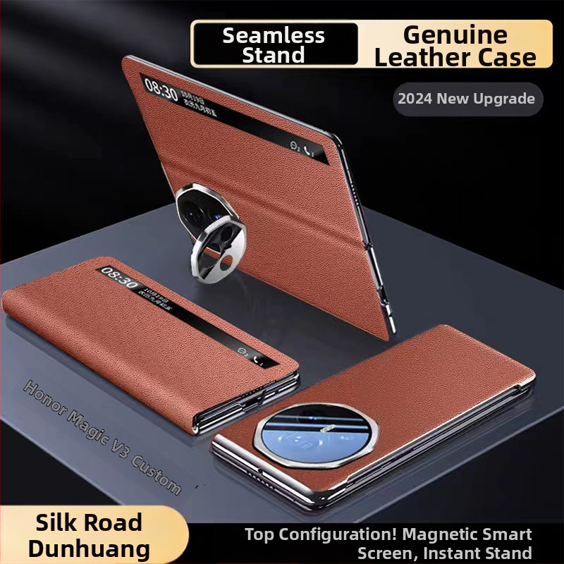 Honor Magic V3 ādas telefona vāciņš ar pilnu pārklājumu, reljēfa tekstūra īsta āda, lēcas turētājs, magnētiskā piestiprināšana, kritiena aizsardzība