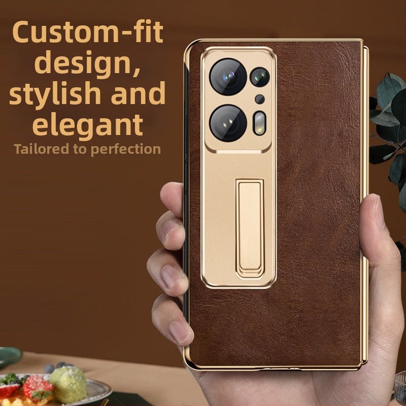 OPPO Find N2 kožený ochranný obal s ochranou objektívu, zabudovaným stojanom a proti pádu