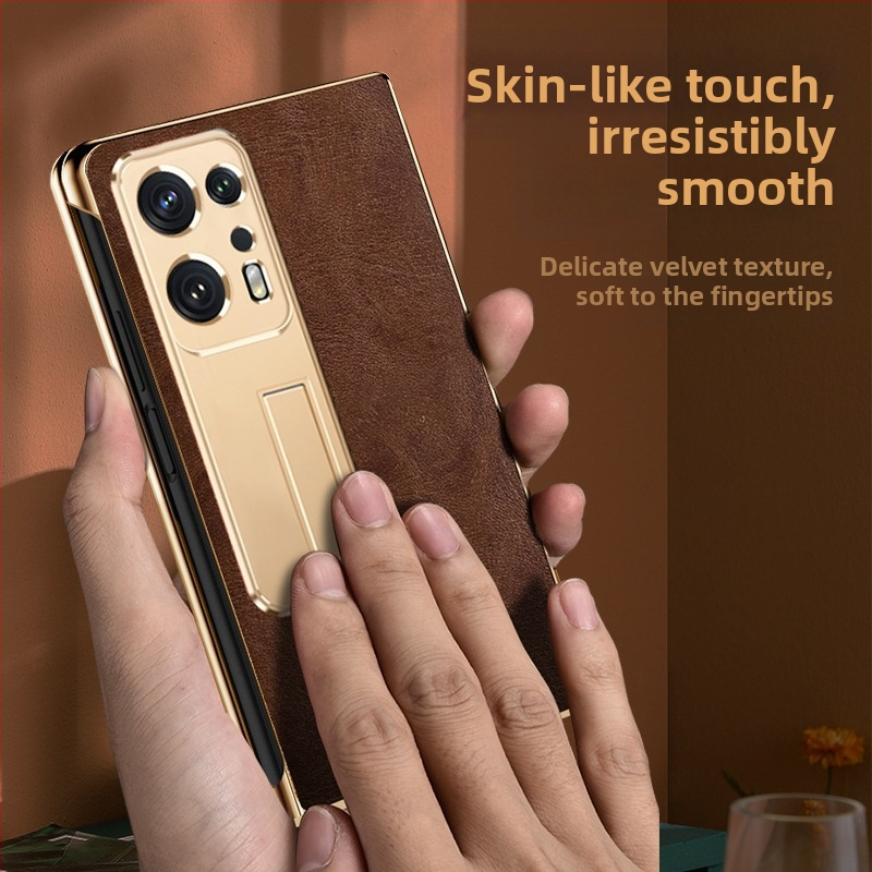 OPPO Find N2 kožený ochranný obal s ochranou objektívu, zabudovaným stojanom a proti pádu