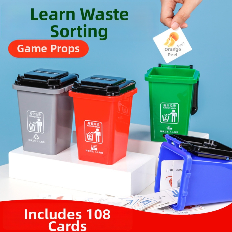 Detská sada hier na triedenie odpadu — 108 kariet, PP materiál, balenie v farebnej krabičke, stolný odpadkový kôš rekvizita pre predškolské vzdelávanie, vek 4–6 rokov