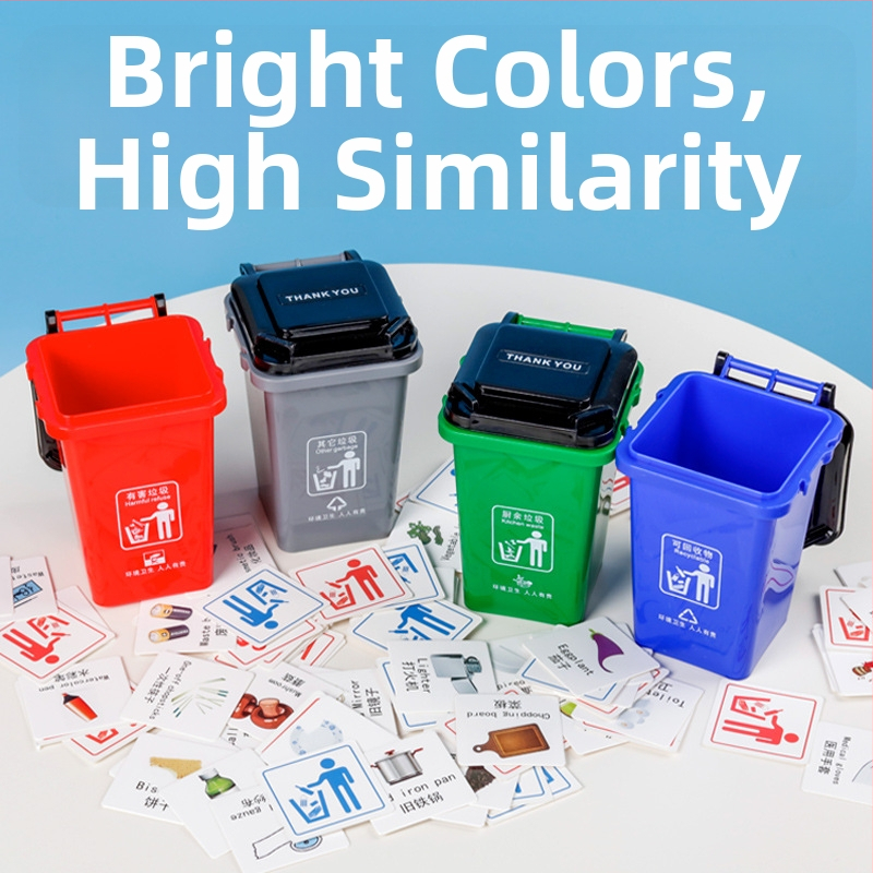 Detská sada hier na triedenie odpadu — 108 kariet, PP materiál, balenie v farebnej krabičke, stolný odpadkový kôš rekvizita pre predškolské vzdelávanie, vek 4–6 rokov