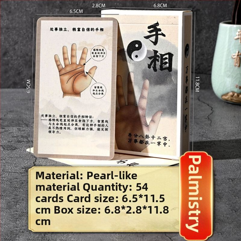 Karty na čítanie dlane a tváre s feng shui, I Ching Bagua pre veštenie — papierové kartičky; balenie: farebná krabička; vhodné pre 14+