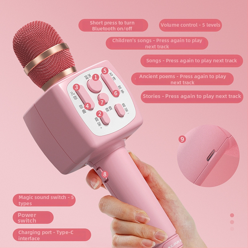 Juhtmevaba Bluetooth'i laste mikrofoni animatsioonilise disainiga ja sisseehitatud kõlariga — karaokemäng, ABS-materjal, vanus 7–14 aastat