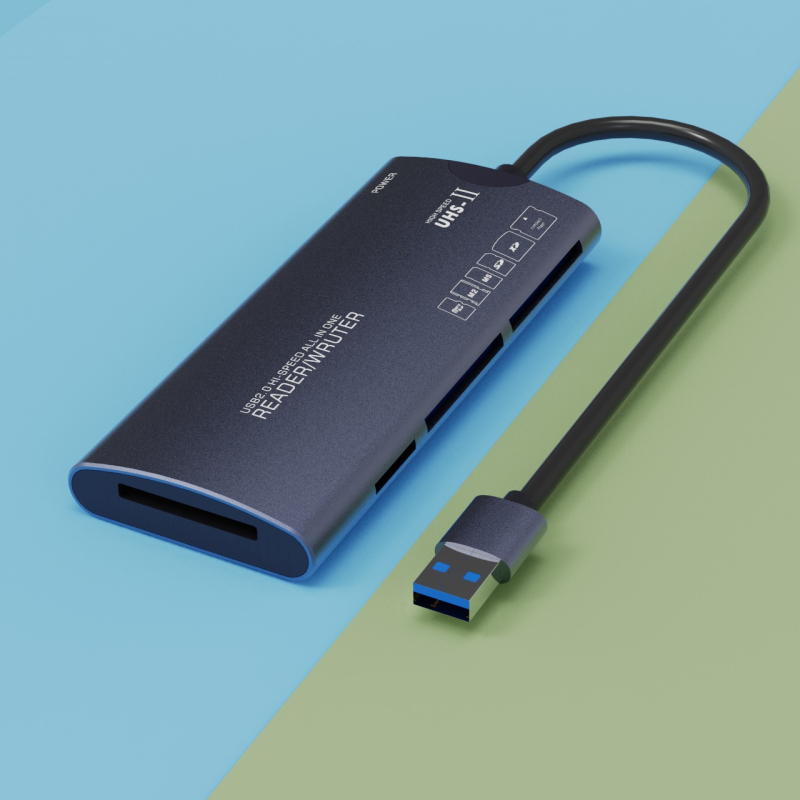 USB 2.0 kártyaolvasó, hat egyben, alumíniumötvözet testtel; támogatja MS, CF, SD, MicroSD (M2), TF és XD