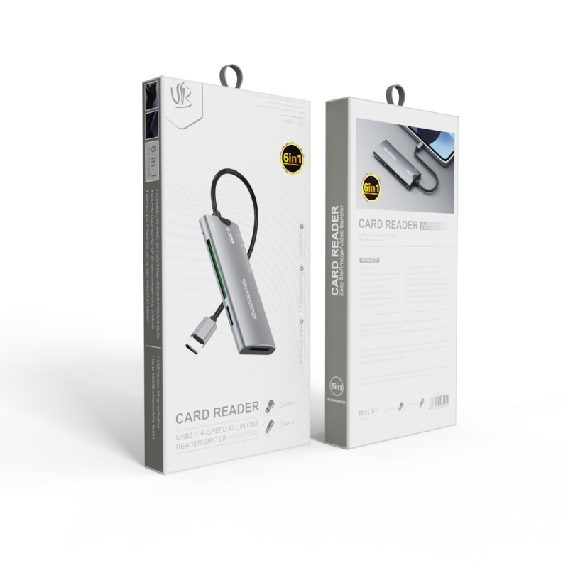 USB 2.0 kártyaolvasó, hat egyben, alumíniumötvözet testtel; támogatja MS, CF, SD, MicroSD (M2), TF és XD