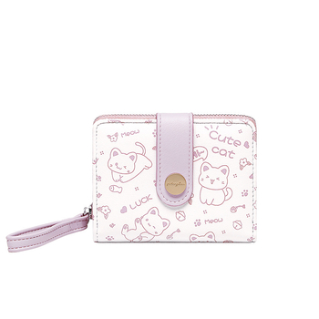 Дамски портфейл от PU кожа с котешки принт, джоб за карти и цип за монети – градски стил, водоустойчив