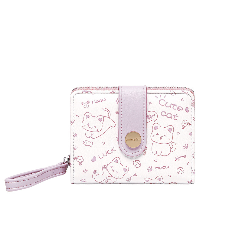 Дамски портфейл от PU кожа с котешки принт, джоб за карти и цип за монети – градски стил, водоустойчив
