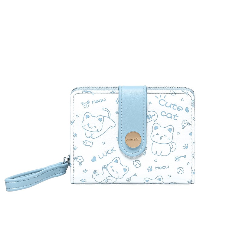 Дамски портфейл от PU кожа с котешки принт, джоб за карти и цип за монети – градски стил, водоустойчив