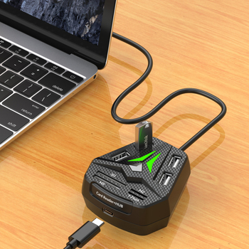 USB 2.0 hub s RGB LED-om i kombiniranim čitačem kartica SD/MS/M2/TF, s gumbom
