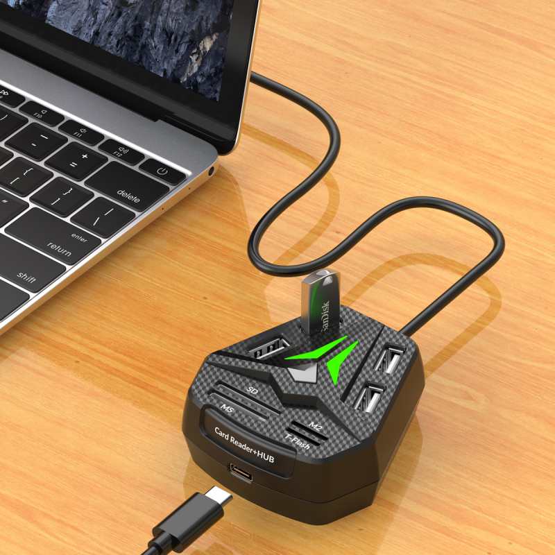 USB 2.0 hub s RGB LED-om i kombiniranim čitačem kartica SD/MS/M2/TF, s gumbom