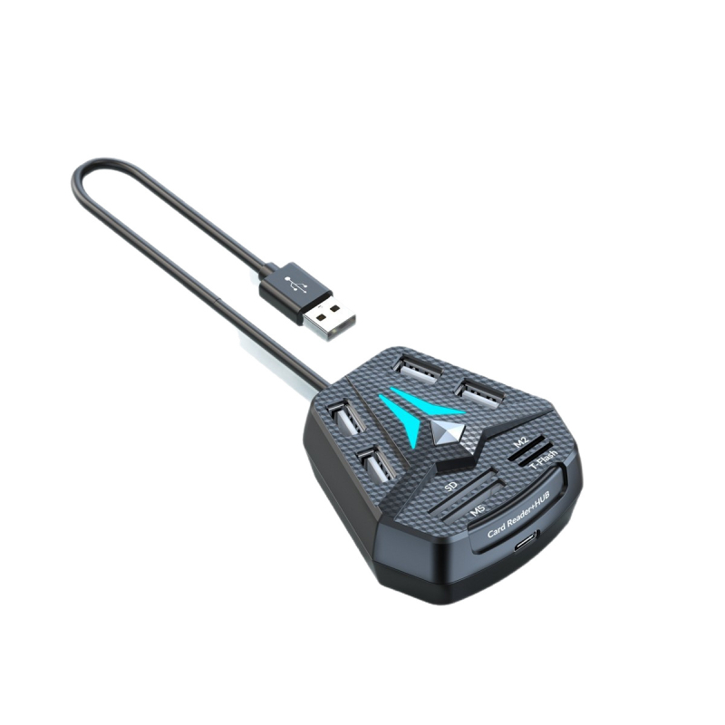 USB 2.0 hub s RGB LED-om i kombiniranim čitačem kartica SD/MS/M2/TF, s gumbom