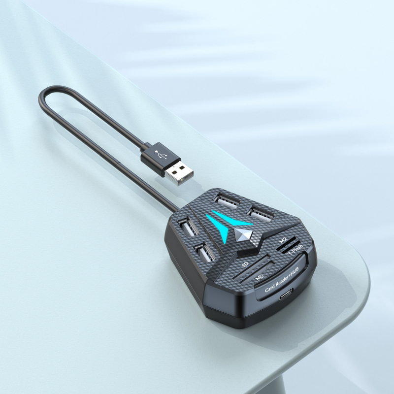 USB 2.0 hub s RGB LED-om i kombiniranim čitačem kartica SD/MS/M2/TF, s gumbom
