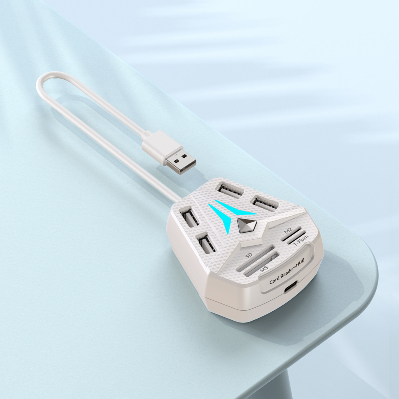 USB 2.0 hub s RGB LED-om i kombiniranim čitačem kartica SD/MS/M2/TF, s gumbom