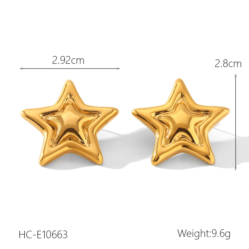 Naušnice od nerđajućeg čelika s petokrakom zvijezdom, geometrijski stil, elektroplatiranje — Huang Chao Jewelry