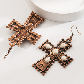 Naušnice – tirkizna kapljica i križ, geometrijski retro dizajn — model Z1482-B; legura, nehrđajući čelik za ušne igle