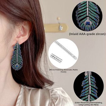 Naušnice s paunovim perom, s cirkonijem, dugi visi, srebrna post 925, geometrijski stil, lagani luksuz, kod A-056