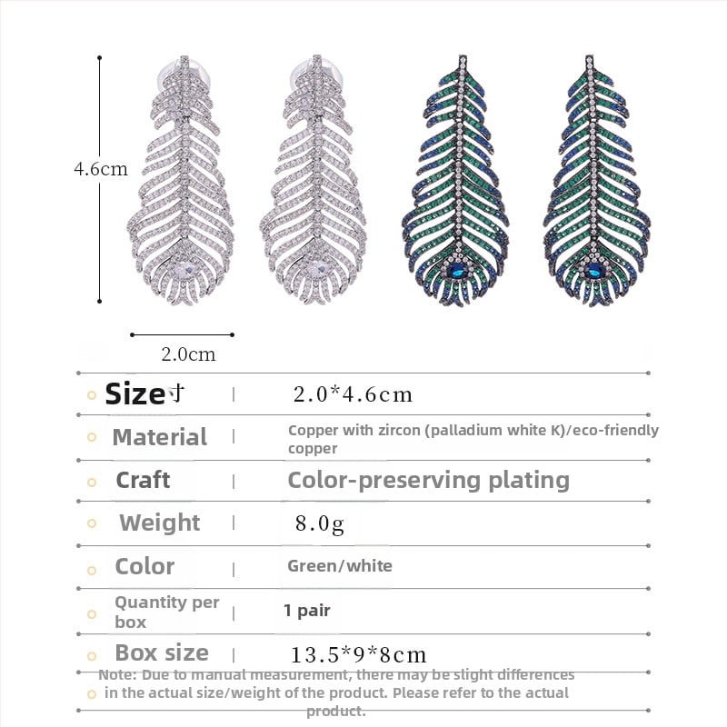 Naušnice s paunovim perom, s cirkonijem, dugi visi, srebrna post 925, geometrijski stil, lagani luksuz, kod A-056