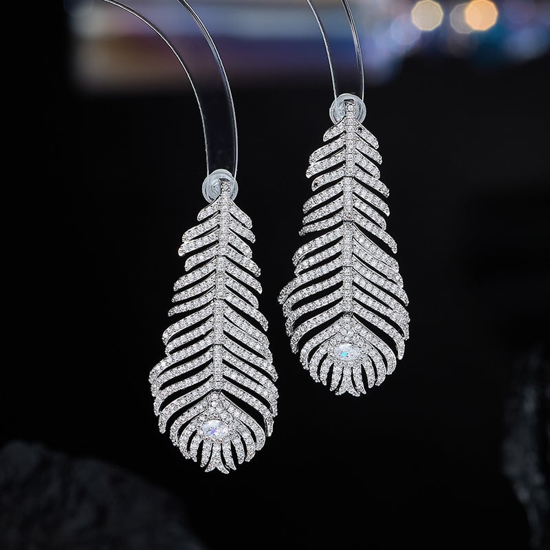 Naušnice s paunovim perom, s cirkonijem, dugi visi, srebrna post 925, geometrijski stil, lagani luksuz, kod A-056