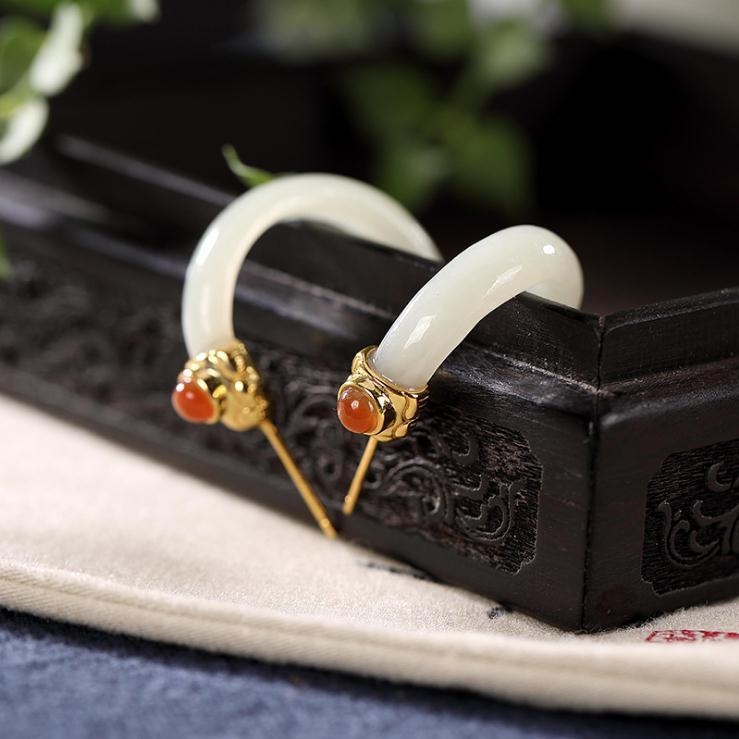 Pozlaćene naušnice s ugrađenom imitacijom Nanhong Hotan Jaspera, Hanfu inspirirani kružni hoopovi, unisex