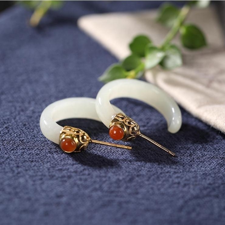 Pozlaćene naušnice s ugrađenom imitacijom Nanhong Hotan Jaspera, Hanfu inspirirani kružni hoopovi, unisex