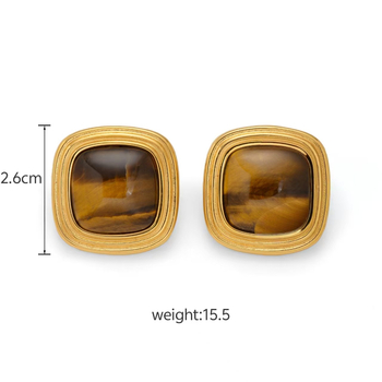 Naušnice od nehrđajućeg čelika, 18K zlato premaz, kvadratni Tiger Eye uzorak, geometrijski oblik, elektroplatiranje