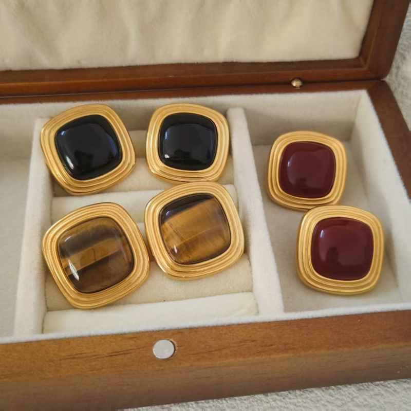 Naušnice od nehrđajućeg čelika, 18K zlato premaz, kvadratni Tiger Eye uzorak, geometrijski oblik, elektroplatiranje
