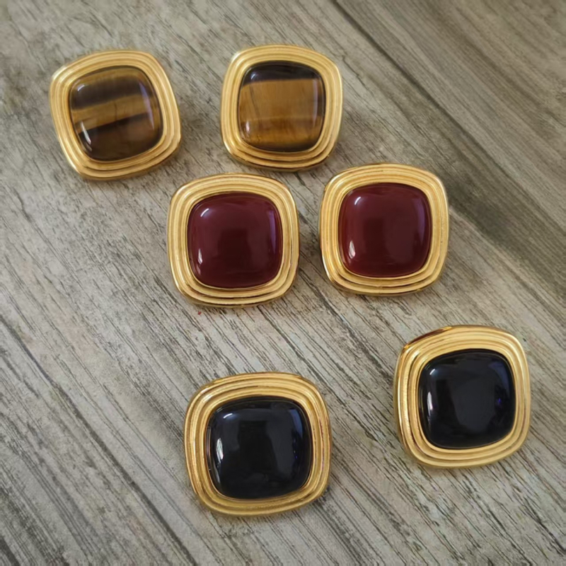 Naušnice od nehrđajućeg čelika, 18K zlato premaz, kvadratni Tiger Eye uzorak, geometrijski oblik, elektroplatiranje
