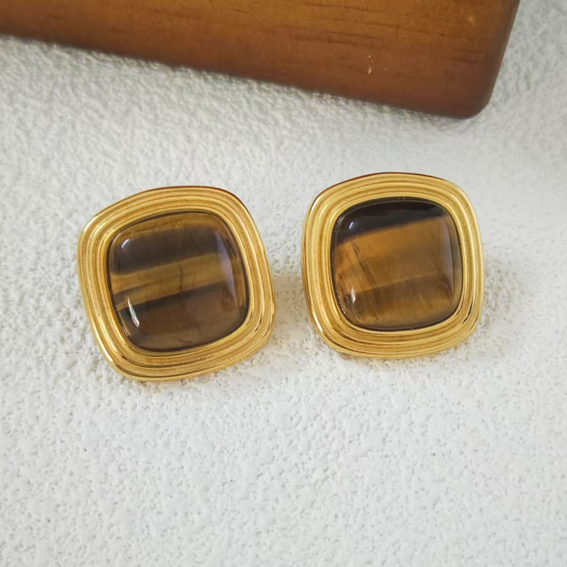 Naušnice od nehrđajućeg čelika, 18K zlato premaz, kvadratni Tiger Eye uzorak, geometrijski oblik, elektroplatiranje