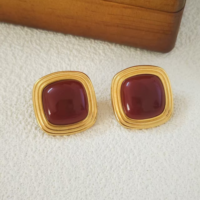 Naušnice od nehrđajućeg čelika, 18K zlato premaz, kvadratni Tiger Eye uzorak, geometrijski oblik, elektroplatiranje
