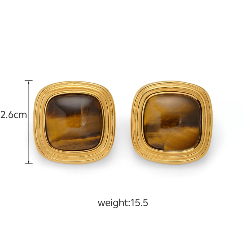 Naušnice od nehrđajućeg čelika, 18K zlato premaz, kvadratni Tiger Eye uzorak, geometrijski oblik, elektroplatiranje