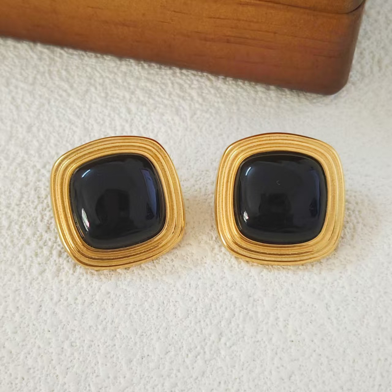 Naušnice od nehrđajućeg čelika, 18K zlato premaz, kvadratni Tiger Eye uzorak, geometrijski oblik, elektroplatiranje
