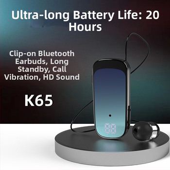 Bluetooth slušalica K65 s klipom za ovratnik, teleskopski kabel, in-ear dizajn, digitalni zaslon, jednostrani; Bluetooth 5.2, više od 8 sati trajanja, domet 10 m