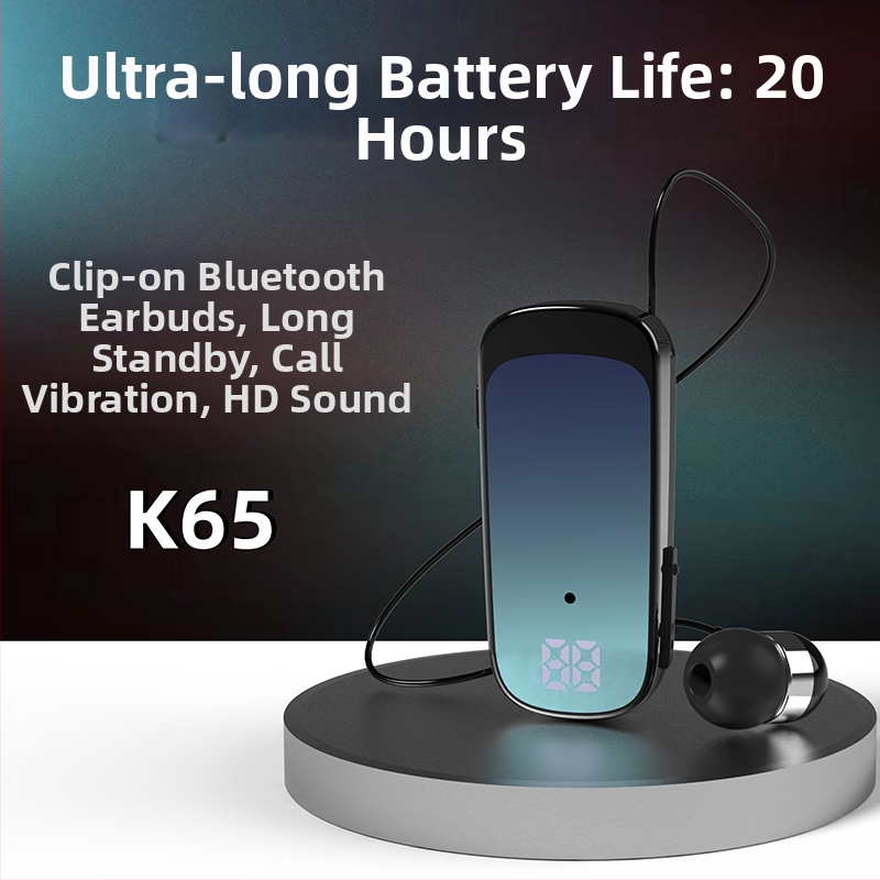 Bluetooth slušalica K65 s klipom za ovratnik, teleskopski kabel, in-ear dizajn, digitalni zaslon, jednostrani; Bluetooth 5.2, više od 8 sati trajanja, domet 10 m