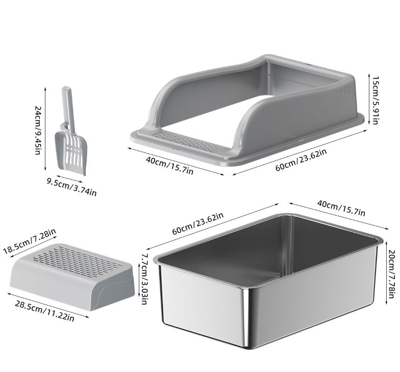 Κάδος άμμου γάτας από ανοξείδωτο ατσάλι και πλαστικό, καπάκι κατά των πιτσιλισμάτων, υπερμεγέθης κορυφαία είσοδος, ημι-κλειστός σχεδιασμός