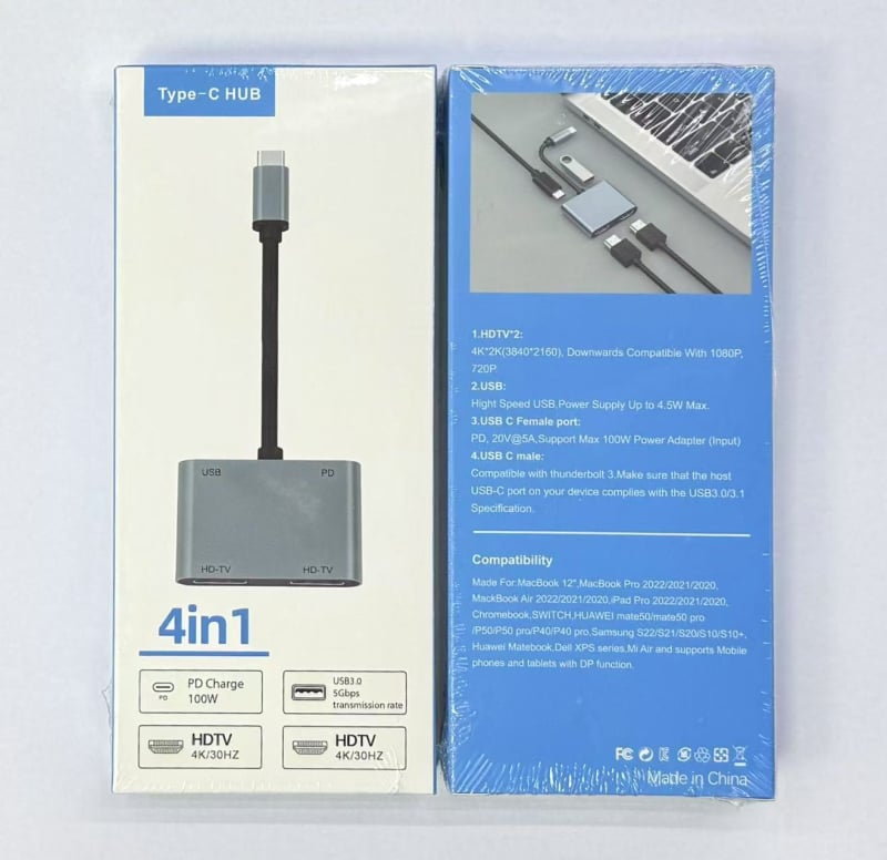 USB-C 4-σε-1 σταθμός σύνδεσης: διπλές HDMI έξόδοι 4K, USB 3.1 με ταχύτητα 5 Gbps, PD γρήγορη φόρτιση, καλώδιο 10 cm