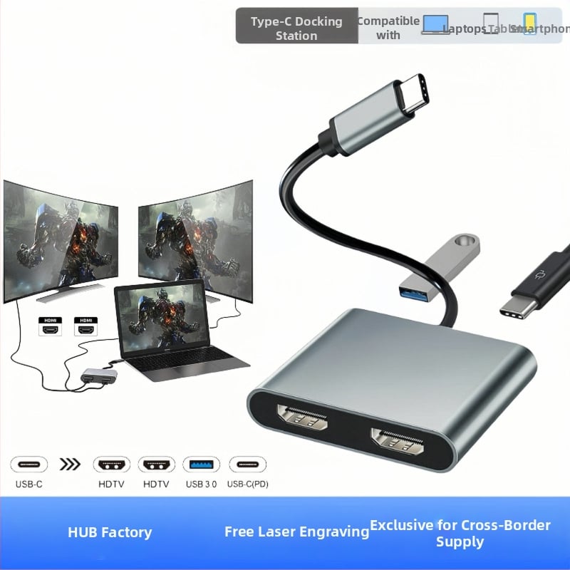 USB-C 4-v-1 dokovacia stanica: dvojité HDMI výstupy 4K, USB 3.1 5 Gbps, PD rýchle nabíjanie, 10 cm kábel