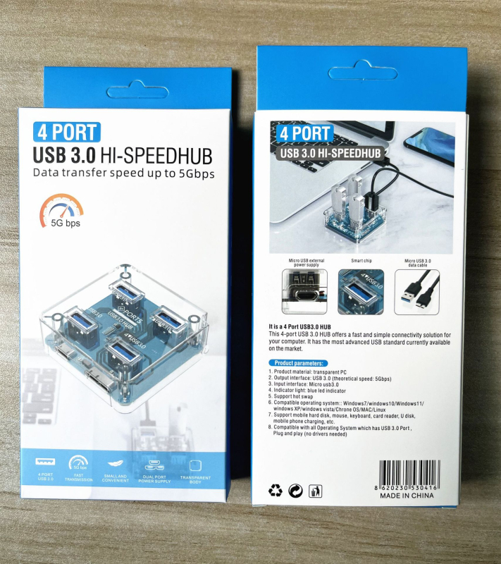 USB 3.0 Διανομέας με 4 Θύρες, Διαφανής Σχεδίαση, 5Gbps, Χωρίς Εξωτερική Τροφοδοσία