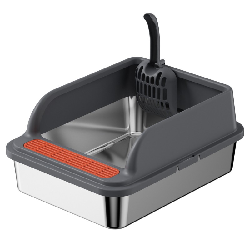 Κάδος άμμου γάτας από ανοξείδωτο ατσάλι με ενισχυμένο ψηλό φράγμα, ημι-κλειστός σχεδιασμός, κατασκευή μετάλλου/πλαστικού