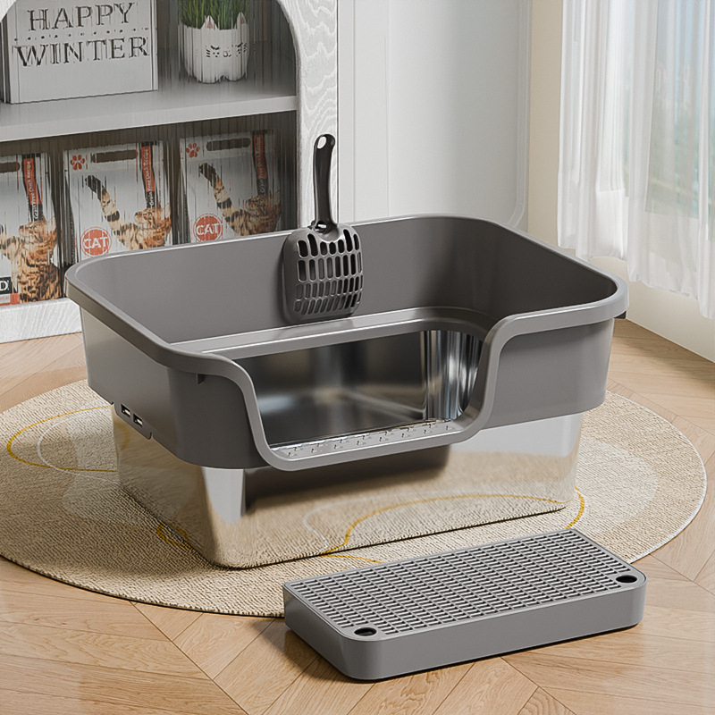 Κουτί τουαλέτας γάτας από ανοξείδωτο χάλυβα και πλαστικό, ημικλειστή σχεδίαση, ανοικτού τύπου