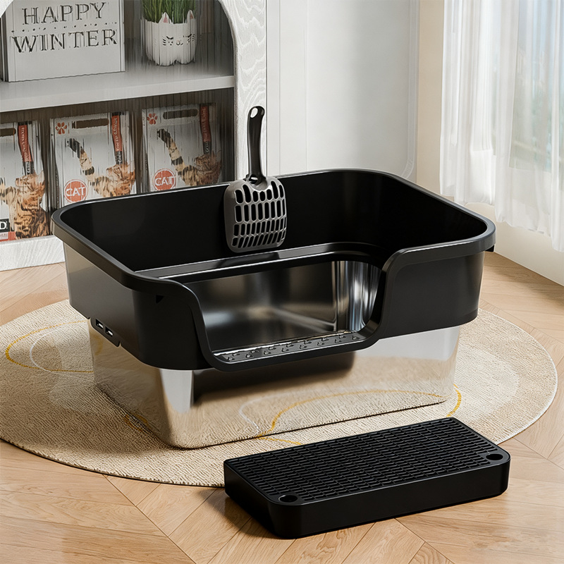 Κουτί τουαλέτας γάτας από ανοξείδωτο χάλυβα και πλαστικό, ημικλειστή σχεδίαση, ανοικτού τύπου