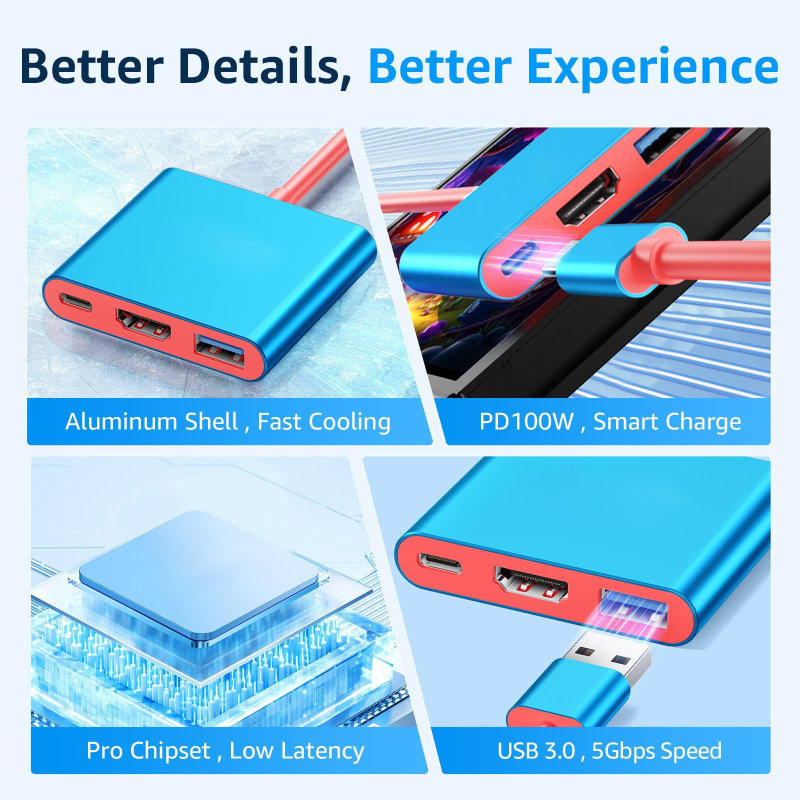 Stație docking Type-C 3-in-1 pentru HDTV/TV/proiector — ieșire 4K, cablu de 0,1 m, fără alimentare externă