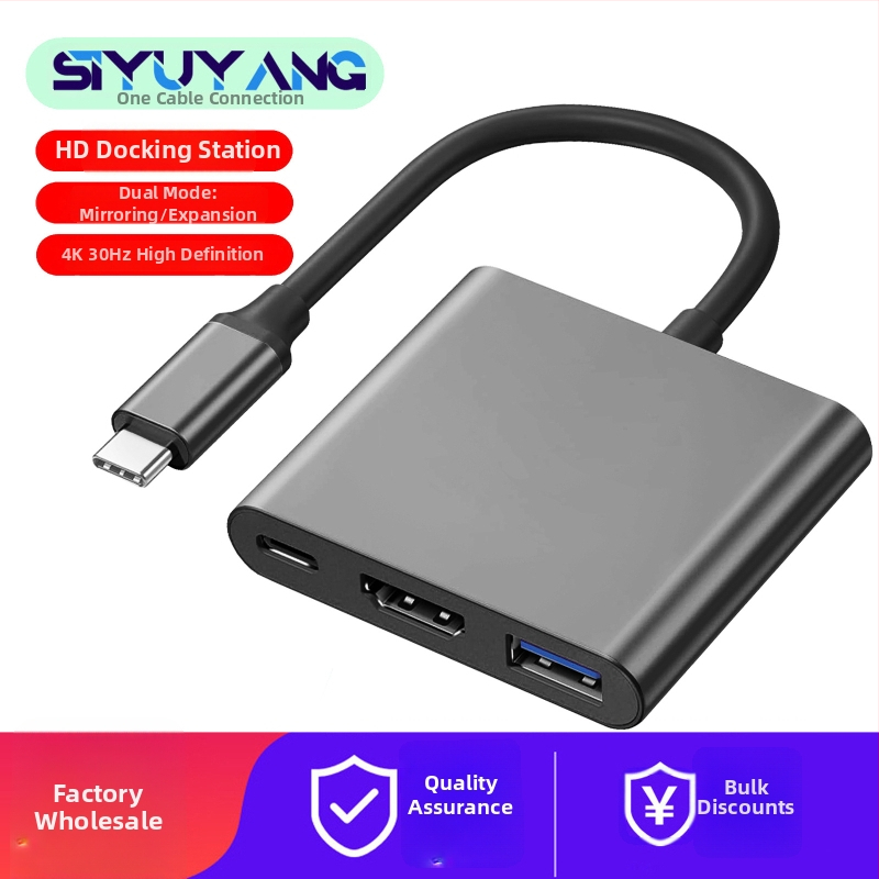 Type-C 3-v-1 dokovacia stanica pre HDTV/TV/projektor — 4K video výstup, kábel 0,1 m, bez externého napájania