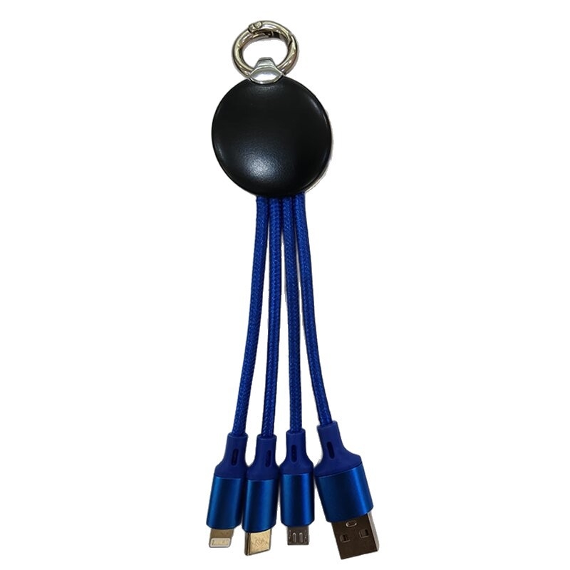 Cablu 4 în 1 pentru date și încărcare cu breloc – Lightning, Micro USB și Type-C; splitter 1 la 3; indicator luminos; cablu din țesătură; putere maximă 5W