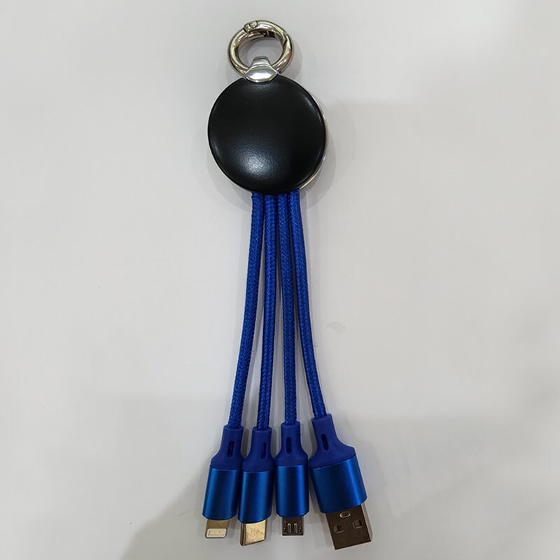 Cablu 4 în 1 pentru date și încărcare cu breloc – Lightning, Micro USB și Type-C; splitter 1 la 3; indicator luminos; cablu din țesătură; putere maximă 5W